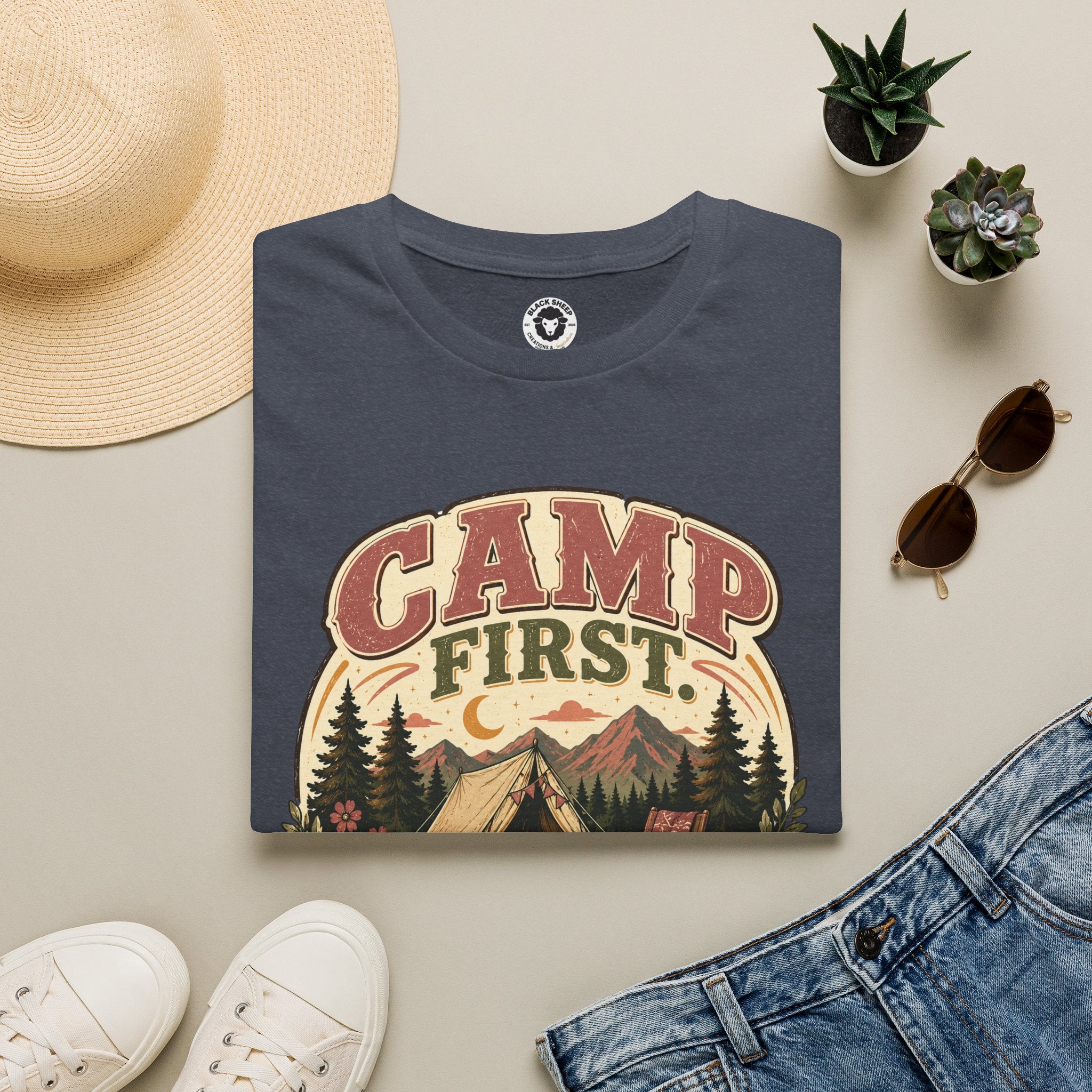 Camp First T-Shirt — Vintage Camping Tee ("Camp First, Adult Later")