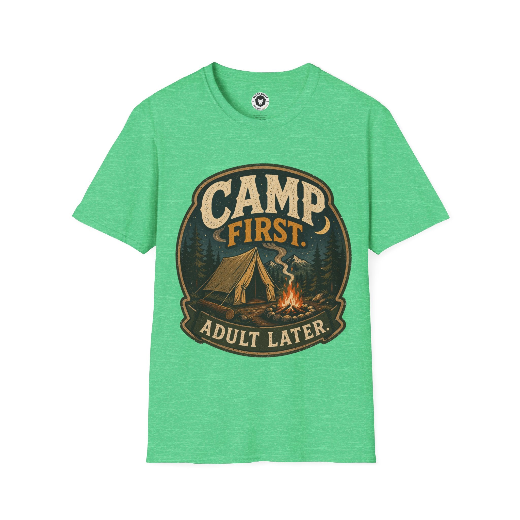 Camp First T‑Shirt — "Camp First, Adult Later" Vintage Camping Tee