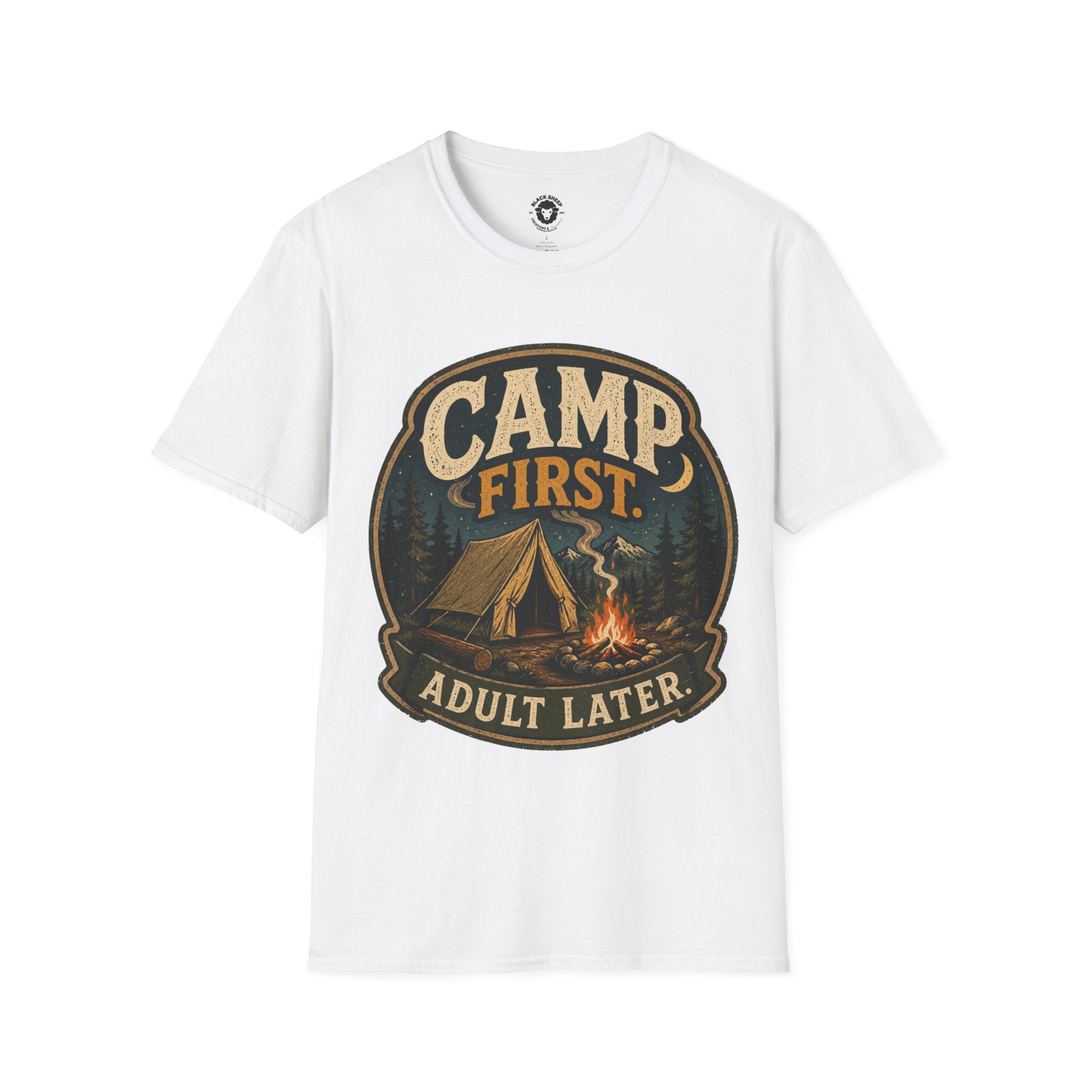 Camp First T‑Shirt — "Camp First, Adult Later" Vintage Camping Tee