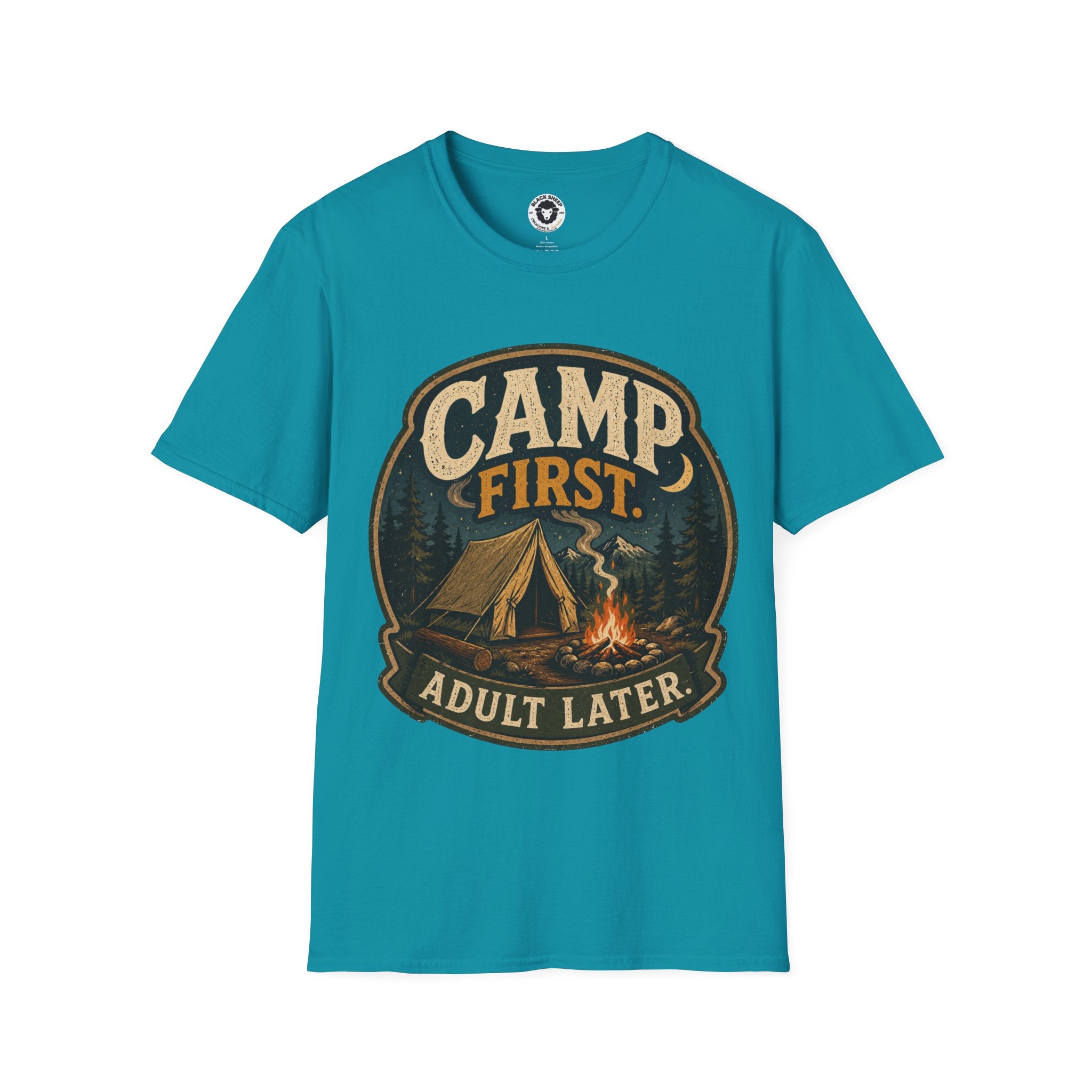 Camp First T‑Shirt — "Camp First, Adult Later" Vintage Camping Tee