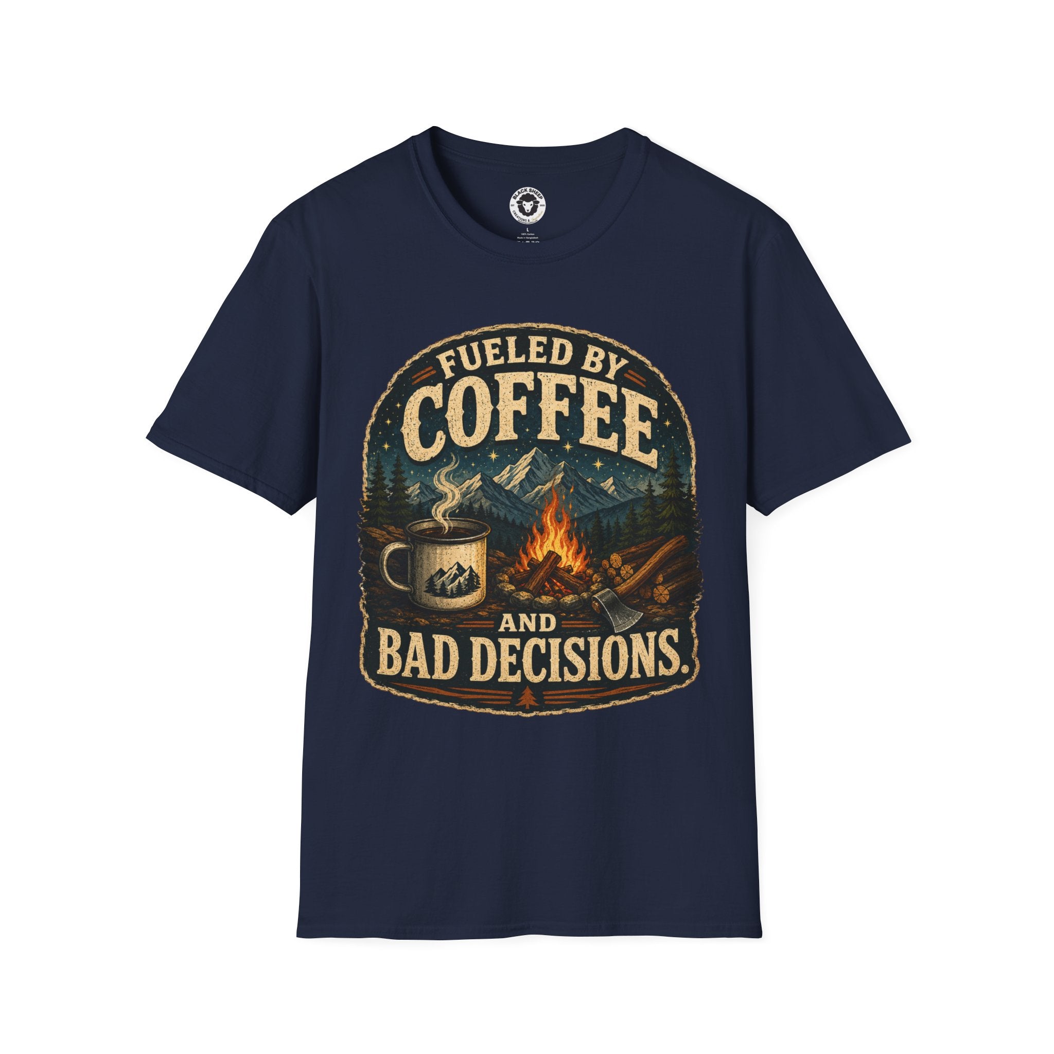 Coffee T-Shirt — "Fueled by Coffee (and Bad Decisions)" Vintage Camping Tee