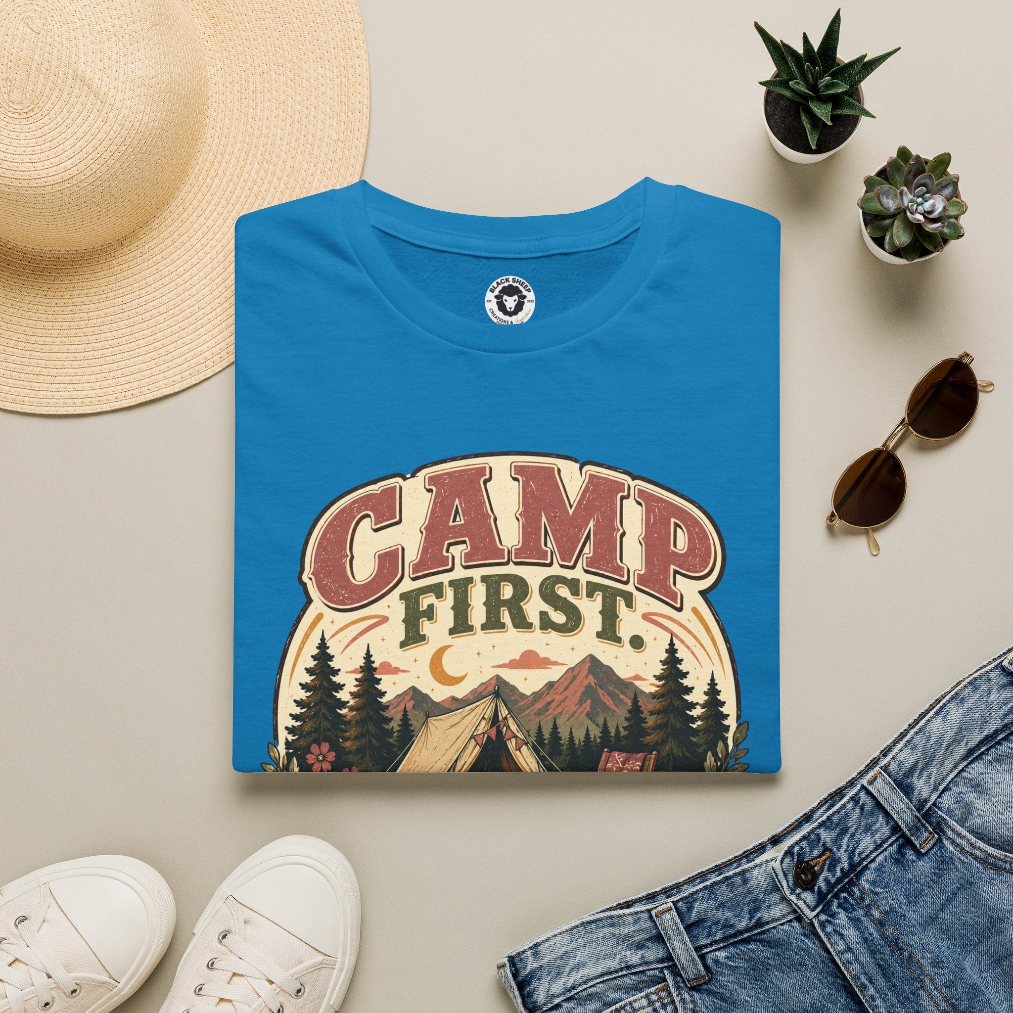 Camp First T-Shirt — Vintage Camping Tee ("Camp First, Adult Later")