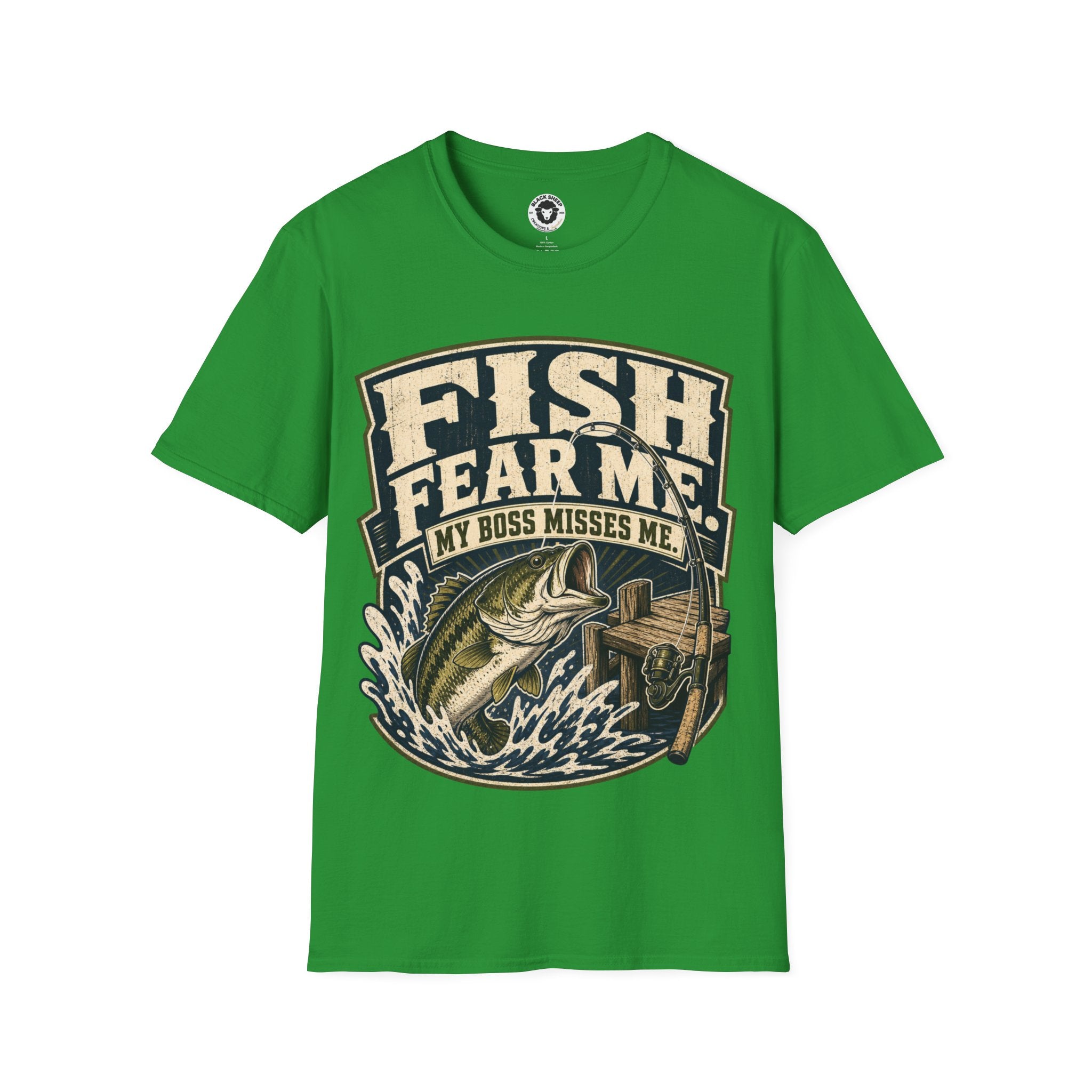 Fishing T-Shirt — "Fish Fear Me, My Boss Misses Me" Graphic Tee for Anglers