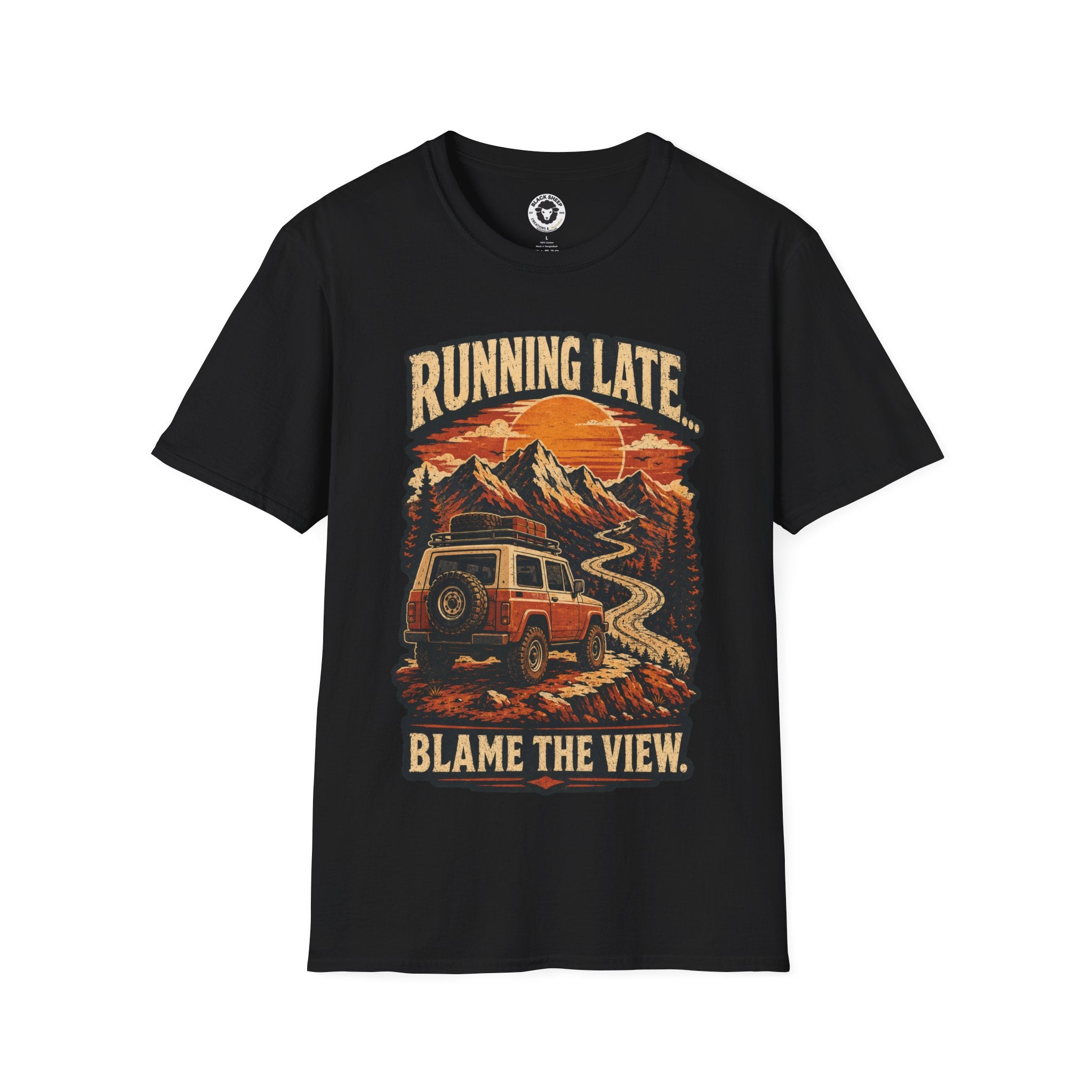 Running Late Adventure T‑Shirt — Retro Mountain Camper Graphic