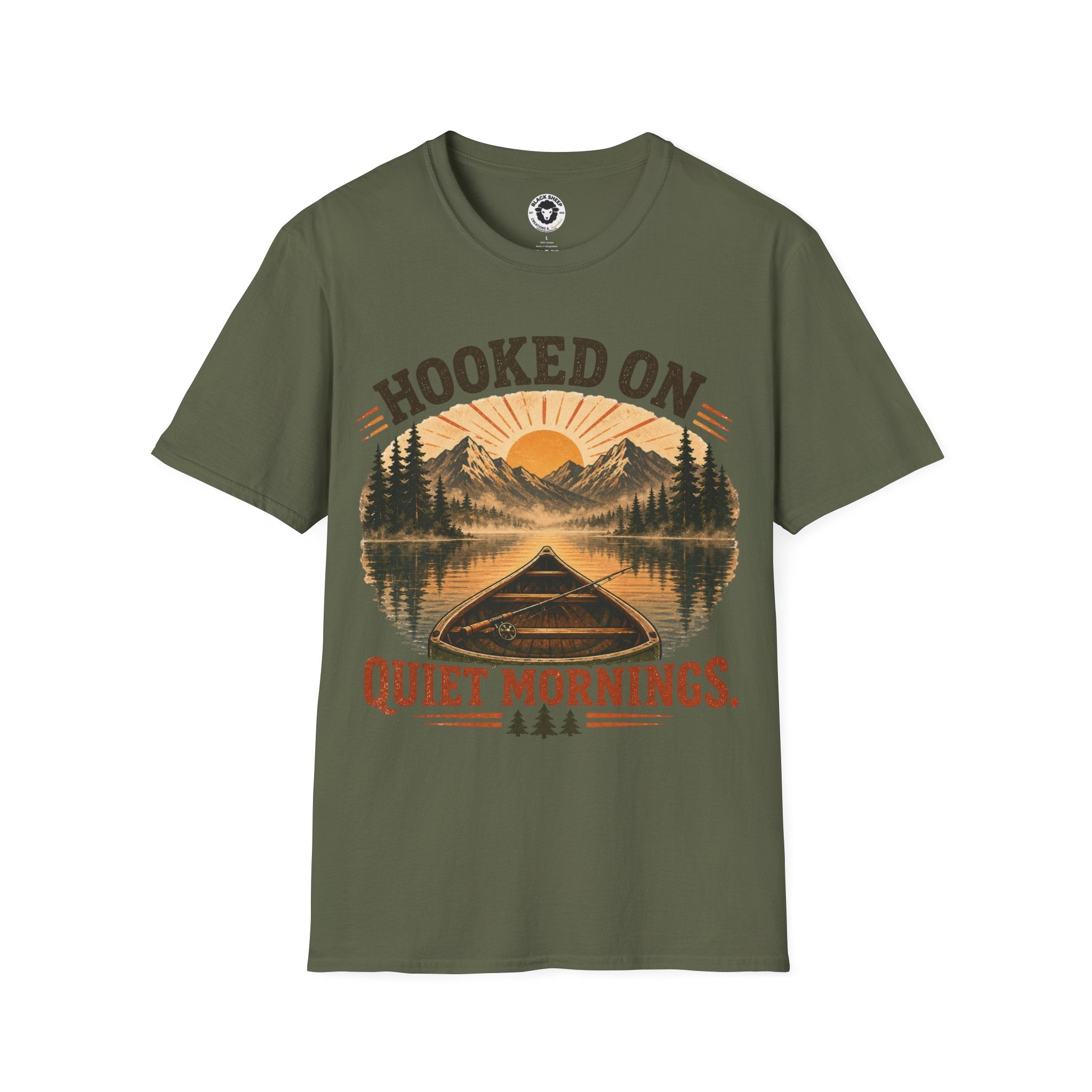Camping T-Shirt — "Hooked On Quiet Mornings" Retro Mountain & Lake Fishing Tee