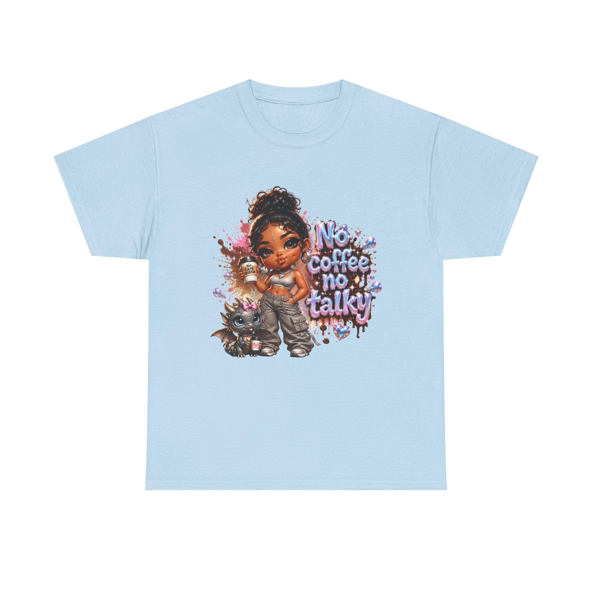 T-Shirt — "No Coffee No Talky" Cute Girl & Cat Graphic Tee