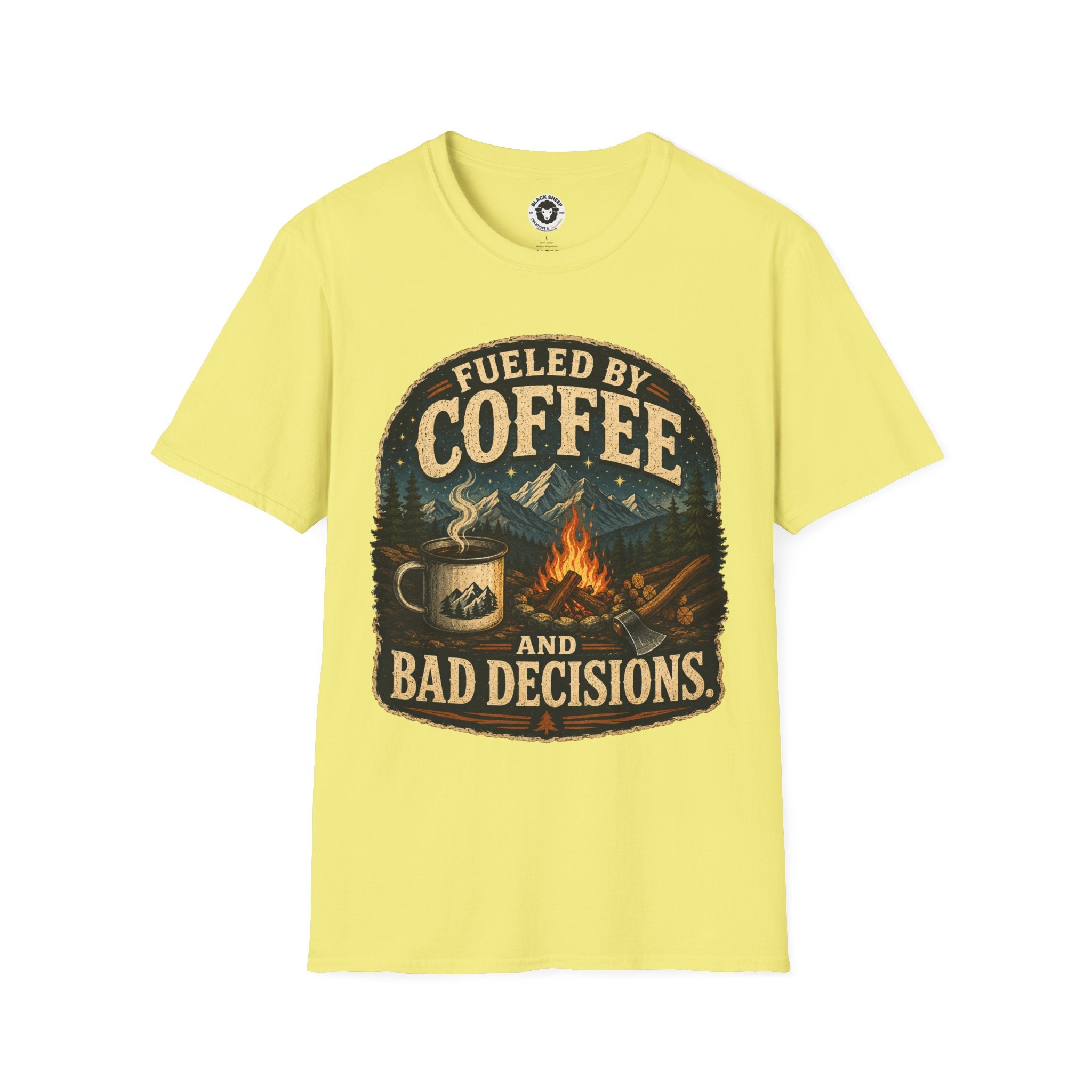 Coffee T-Shirt — "Fueled by Coffee (and Bad Decisions)" Vintage Camping Tee