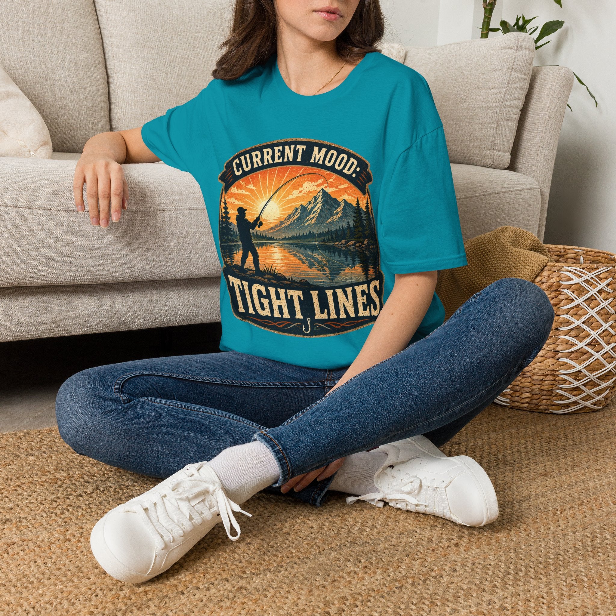 Fishing T-Shirt — “Current Mood: Tight Lines” Vintage Outdoors Tee
